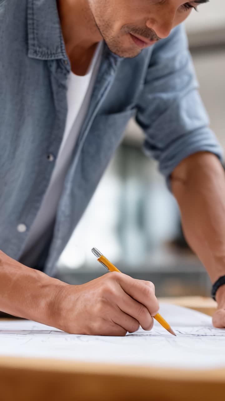 Persona concentrata che disegna a mano progetti architettonici su carta con una matita, che rappresenta il processo creativo di un designer appassionato in uno spazio di lavoro moderno