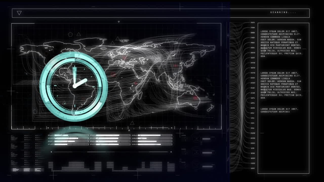 검은색 배경에 데이터 처리를 통해 시계 이동과 세계 지도의 애니메이션