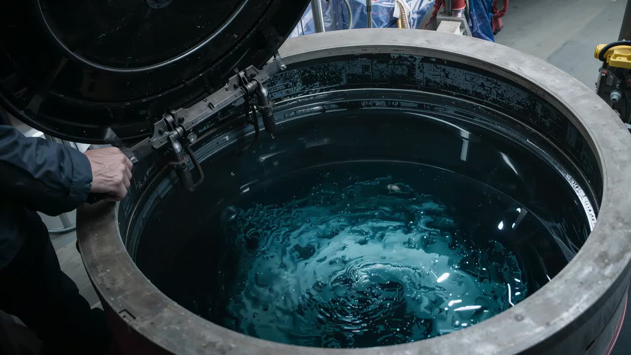 Opening lid, tech in jacket checking metal tank at workshop, holding hinge and watching vortex