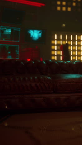 futuristic cyberpunk room with leather couch