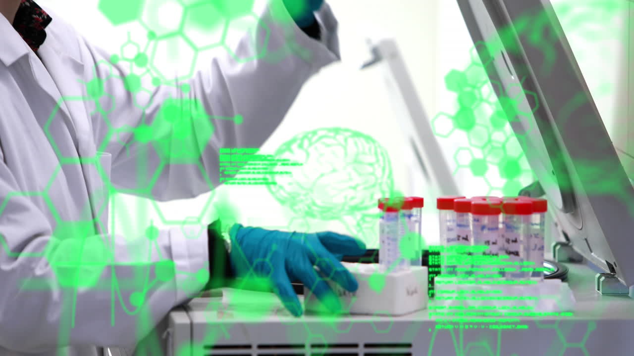 컴퓨터 언어의 애니메이션, 두뇌를 통해 두 인종의 연구원이 기계에 실험 튜브를 배치합니다.