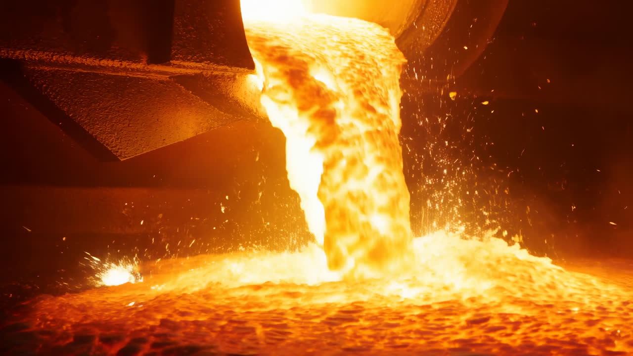 Geschmolzenes Metall strömt in glühendes Becken, tosende Kaskade aus flüssigem Stahl, Funken und Dampf, Nahaufnahme Textur.