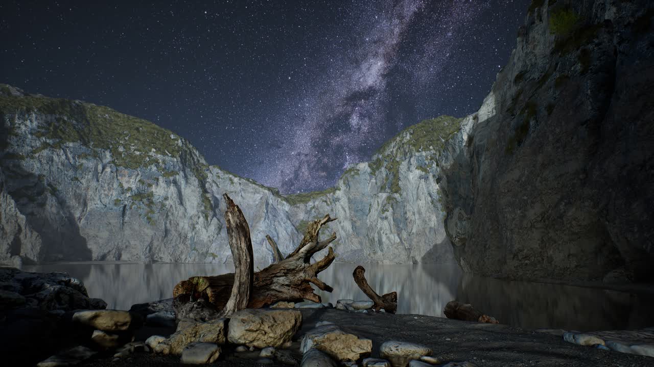 hiperlapso del cielo estrellado nocturno con la montaña y la playa del océano en lofoten, noruega