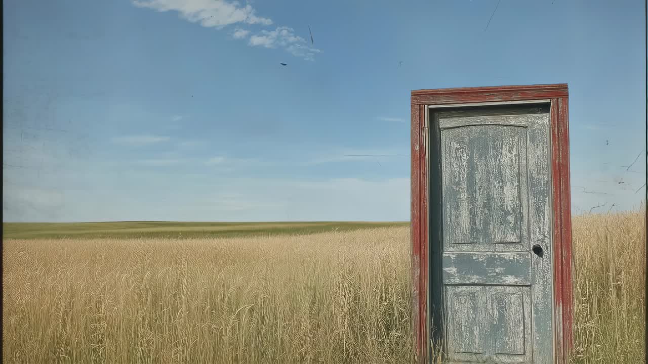 Vintage wooden door slowly creaking open, revealing boundless wheat field beneath azure sky, intense white light symbolizing transformative journey, hope, and unexpected possibility