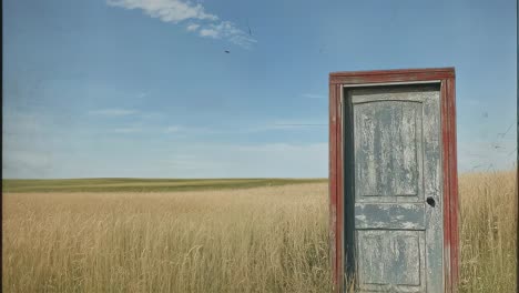 vintage wooden door slowly creaking open, revealing boundless wheat field beneath azure sky, intense white light symbolizing transformative journey, hope, and unexpected possibility