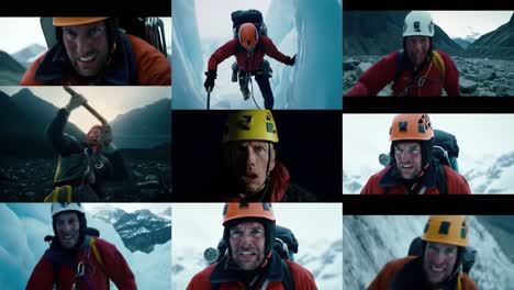 intense climbing journey unfolds as mountaineers navigate formidable ice formations in a breathtaking alpine landscape. the struggle and determination are evident as they pursue their ascent.