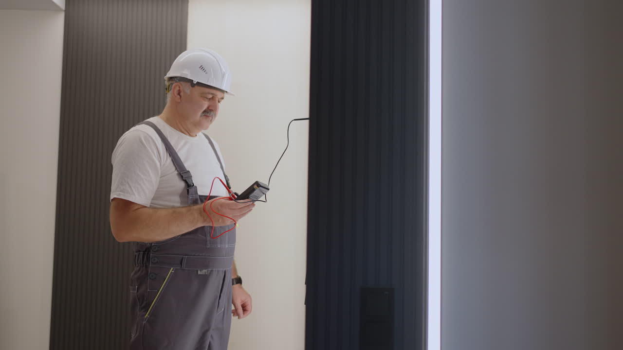 The electrician checks the operation of the wall control unit of the lamps with the system of a modern house after installation and turns on the backlight
