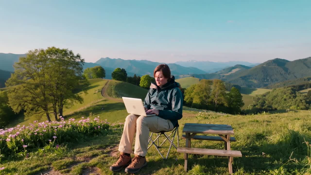 La telecamera si allontana, donna con giacca color ottanio che si sistema e digita sul portatile seduta su una panchina in un prato collinare