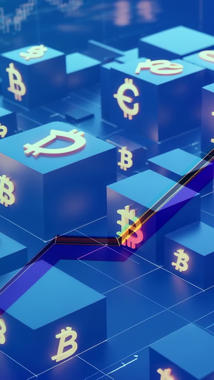 Vertical video: Line graph animating rising amid crypto cube grid using market data chart emerging
