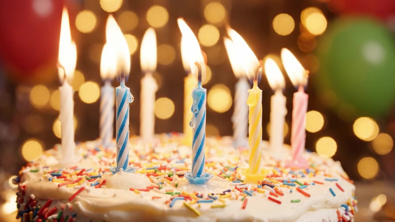 Una gioiosa celebrazione mette in risalto una torta splendidamente decorata con candele colorate, palloncini vivaci e luci scintillanti, catturando l'essenza della festa e della felicità.