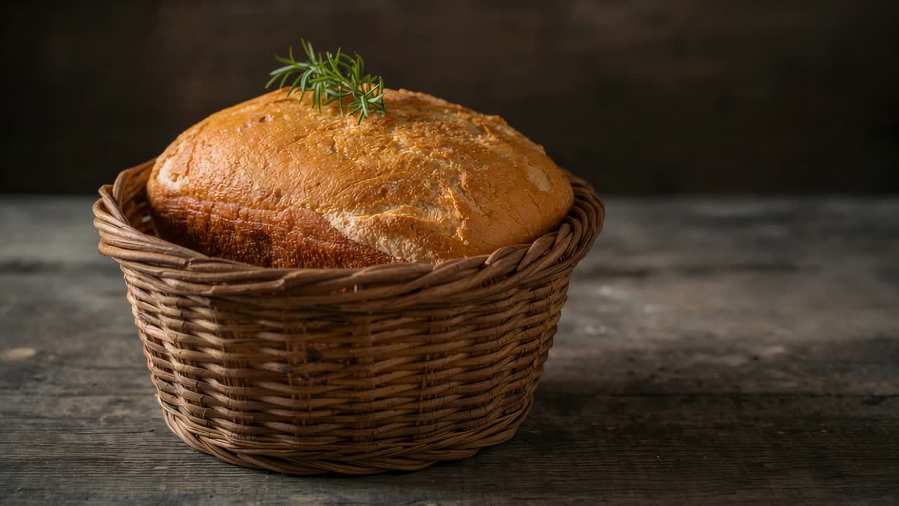 Moving camera tightening frame around loaf in basket with rosemary on wood table, showing texture