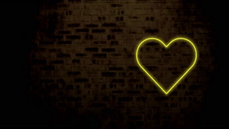 Animación-De-Un-Corazón-De-Neón-Amarillo-Parpadeando-En-Una-Pared-De-Ladrillo-Oscuro