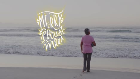 Animation-of-christmas-greetings-text-over-biracial-woman-on-beach