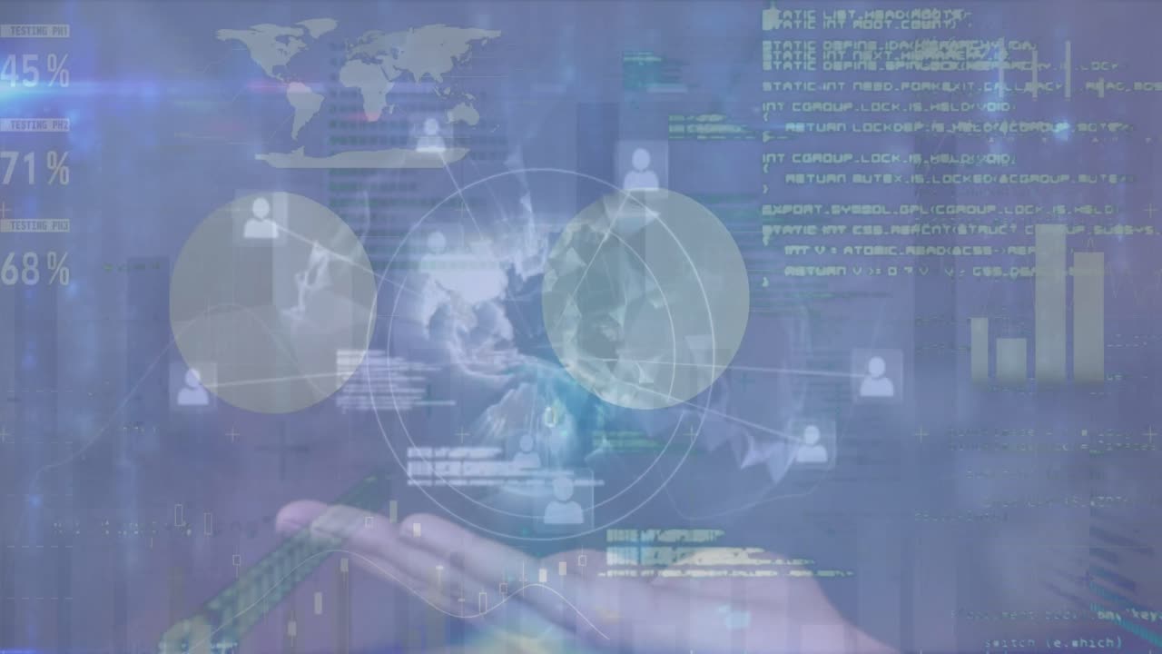 지구를 들고 있는 백인 여성의 손 위에 있는 금융 데이터와 그래프의 애니메이션