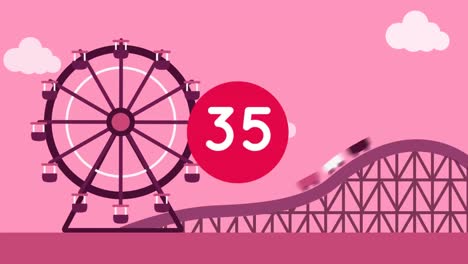 animación digital de números crecientes sobre una bandera roja redonda contra el parque de atracciones