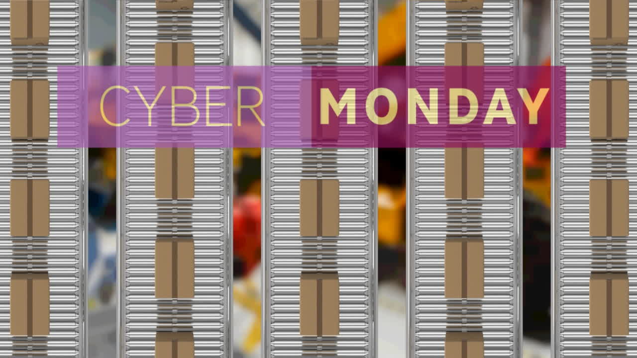 Animazione del testo "Cyber Monday" sopra scatole di cartone su nastri trasportatori in un magazzino