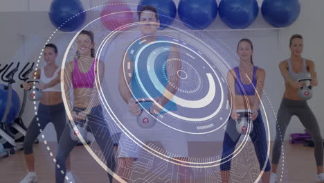 digital interface animation over group of people exercising with kettlebells in gym