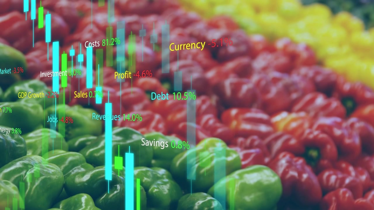 Cyan linje vises, lysestakediagram overlegg monteres over grønne paprika, visualiserer markedstrender