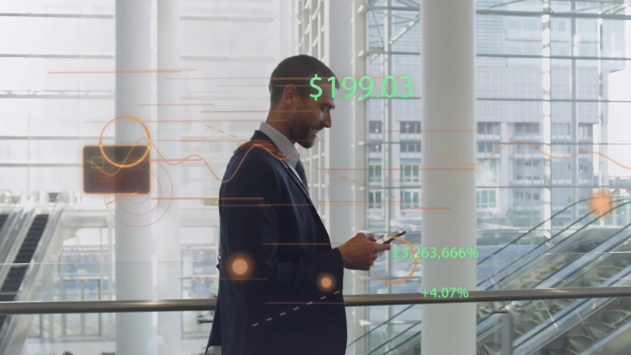 Exec walking glass atrium, reading phone, tapping and voicing, animating finance graphs on tablet