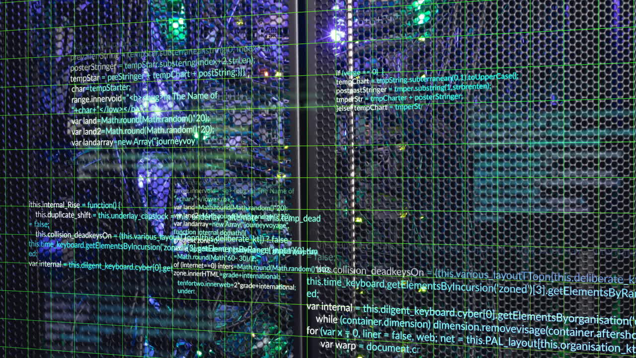Animation of multicolored computer language over illuminated data server system