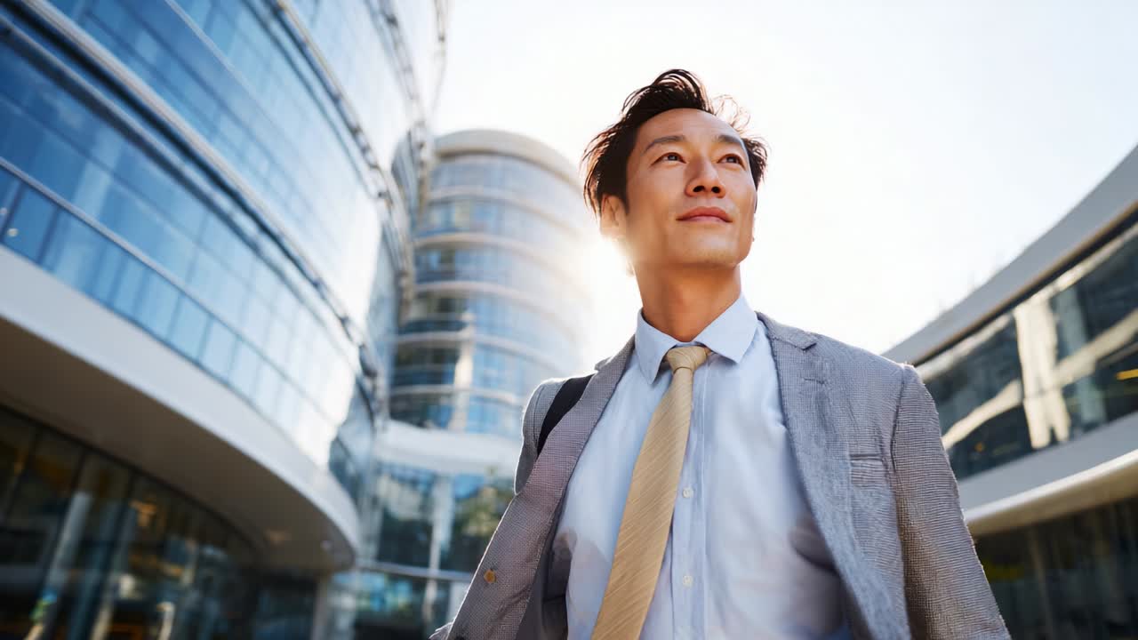 A confident businessman stands in the foreground of a modern architectural marvel, gazing upward towards the bright sunlight shining through the striking glass and steel structures, embodying ambition and success