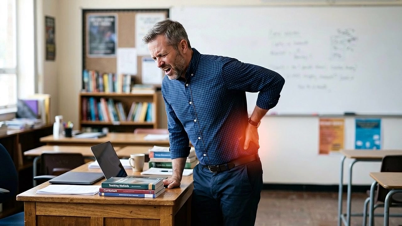 Forretningsmand presser lænden, mens han står nær bærbar computer på kontor i realistisk medicinsk scene