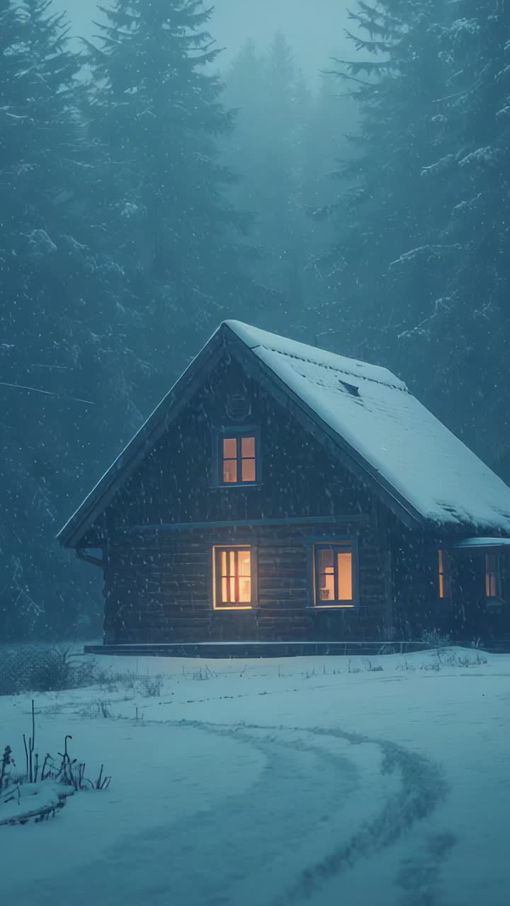 Vertical video: Fixed camera framing log cabin with glowing windows offering heat in snowy clearing