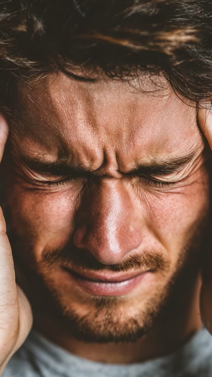 Seorang Pria Muda yang Tertekan Berjuang dengan Rasa Sakit Emosional dan Fisik, saat Dia Menekan Tangannya ke Kepala, Menggambarkan Perasaan Frustrasi dan Penderitaan yang Mendalam