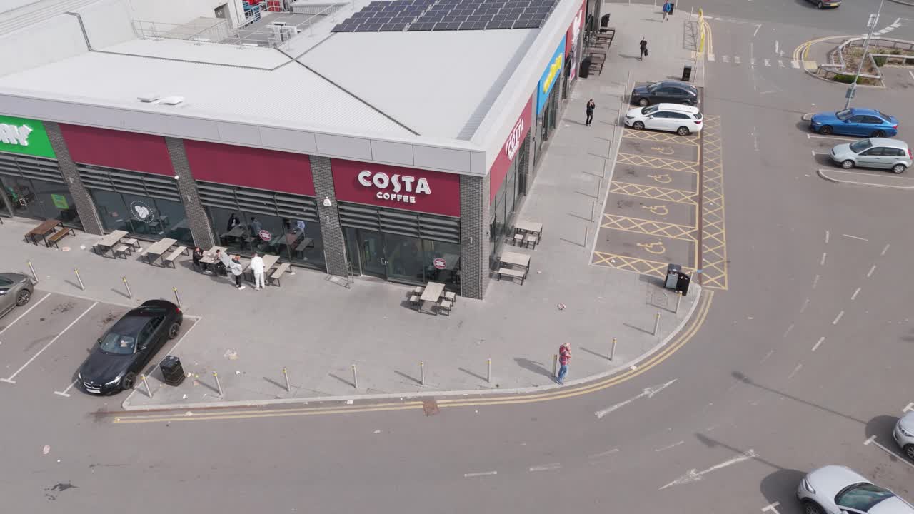 Aerial view of a Costa Coffee and retail park
