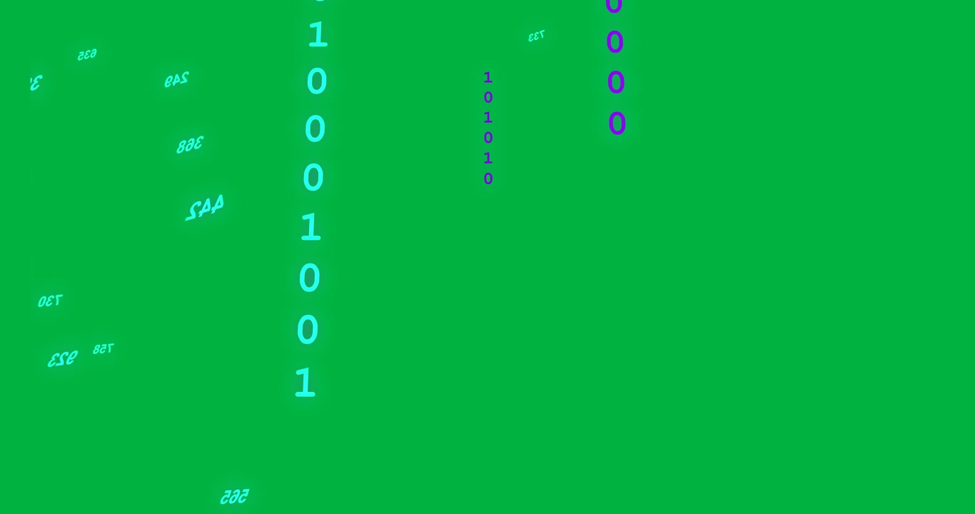 Top-right entry starting tokens stacking into 1s or 0s columns rotating showing data on clear canvas