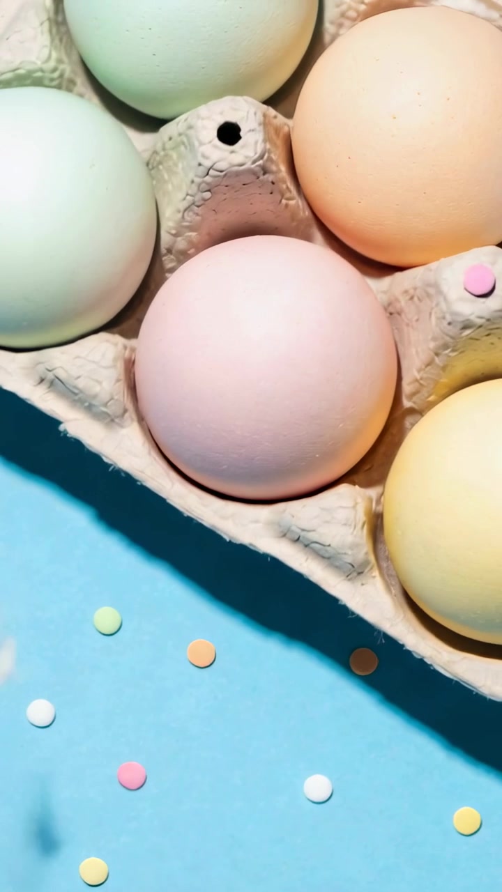 Vertical video: Shot starting, panning camera moving to egg tray on table to show pastel eggs hole