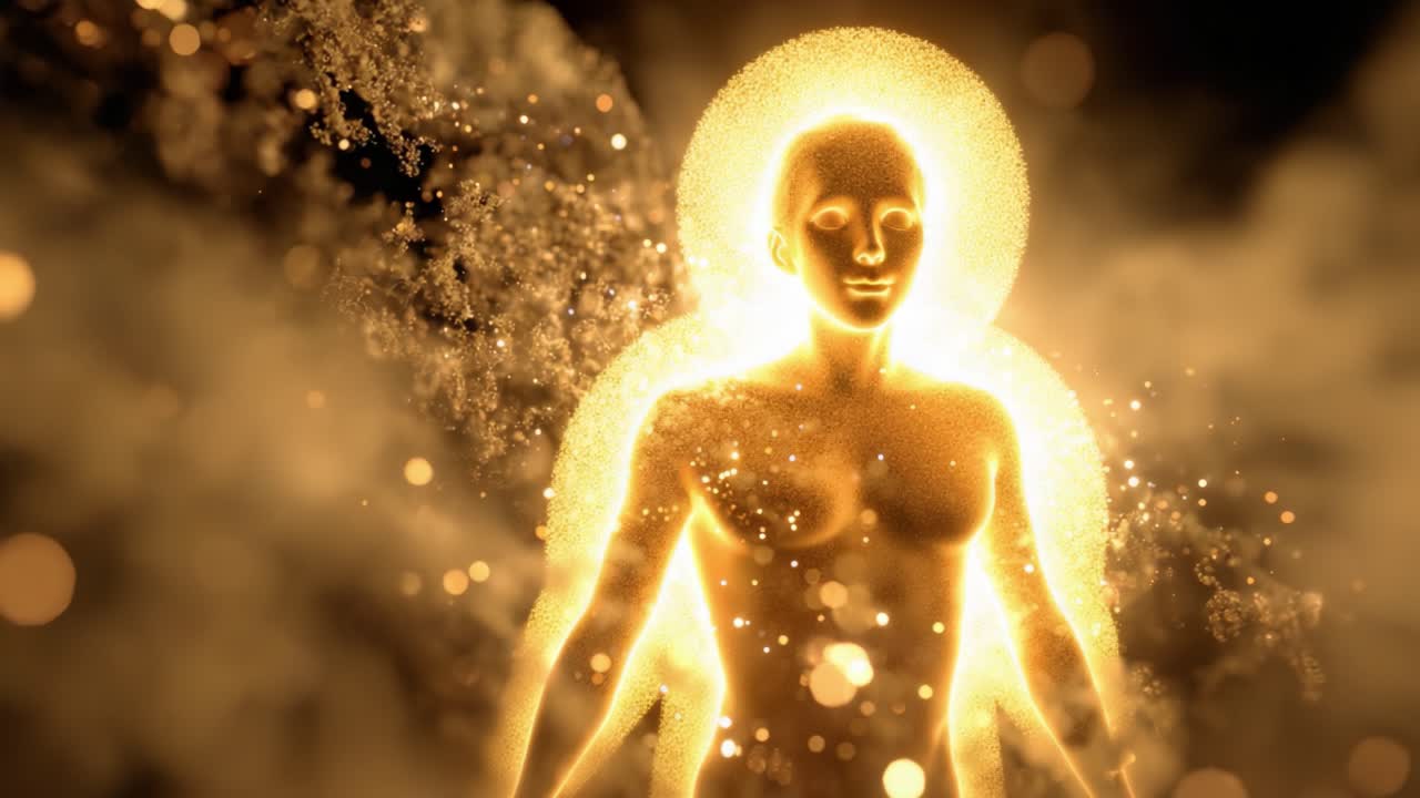 Una transformación fascinante de la oscuridad a la luz radiante, que muestra la silueta de una figura humana rodeada de elementos cósmicos en una atmósfera etérea y vibrante.