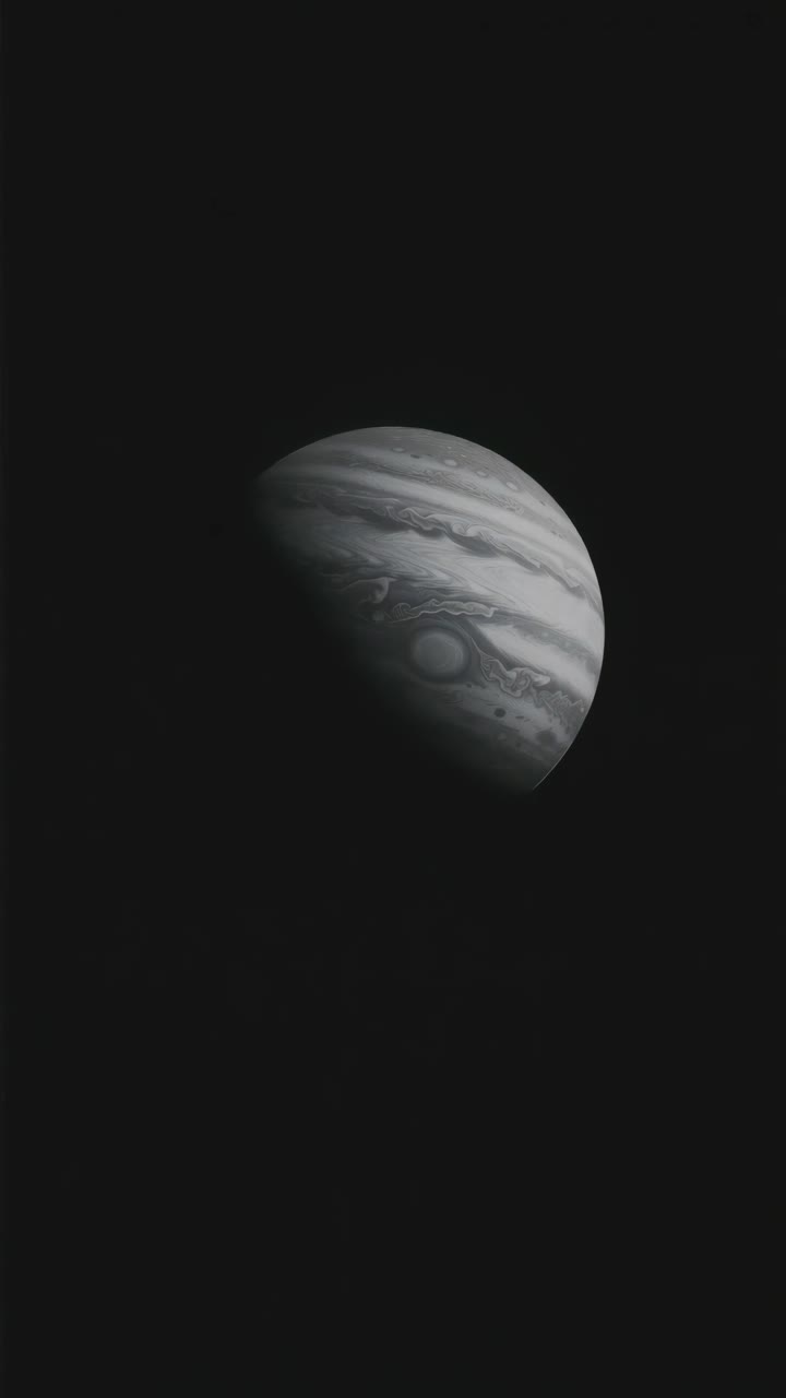 A distant, high-angle view of Jupiter, partially in shadow, showcasing its swirling clouds