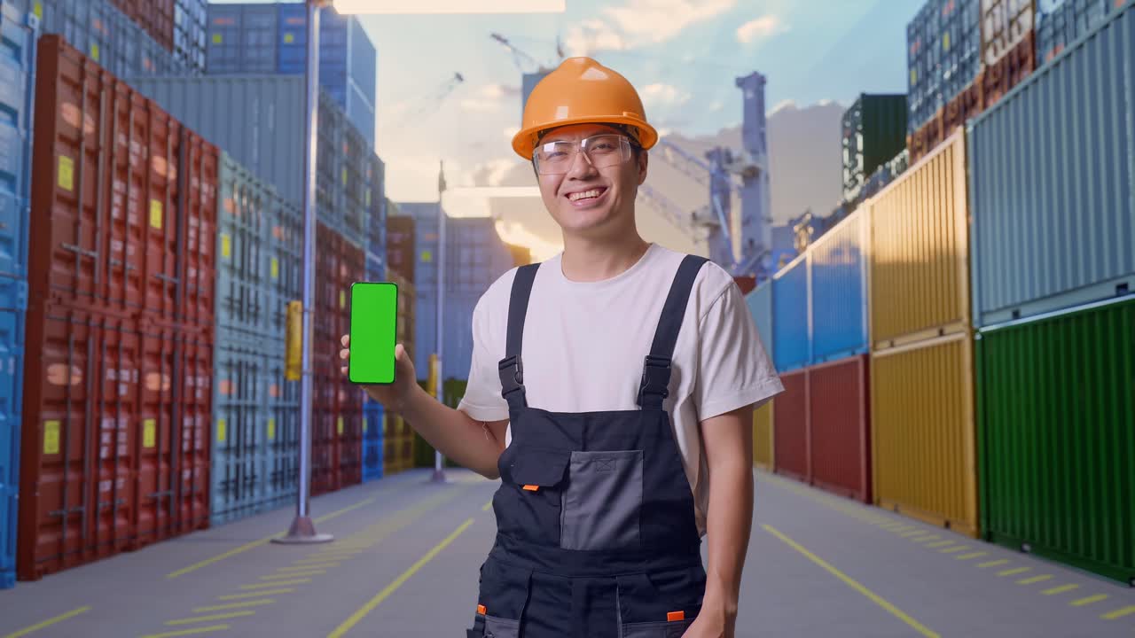 Asian Man Worker Wearing Goggles And Safety Helmet Smiling And Showing Green Screen Smartphone To The Camera While Standing At Container Yard Warehouse