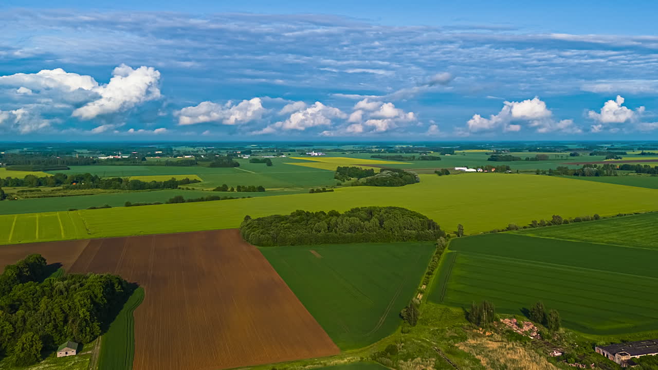 Panorama Of Canola Fields In Spring With Blue Sky And Clouds In The Background. Timelapse