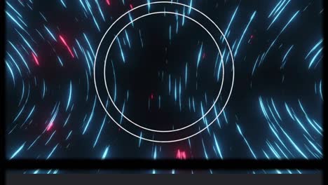 Animation-of-circles,-blue-and-pink-lights-moving-fast-on-black-background