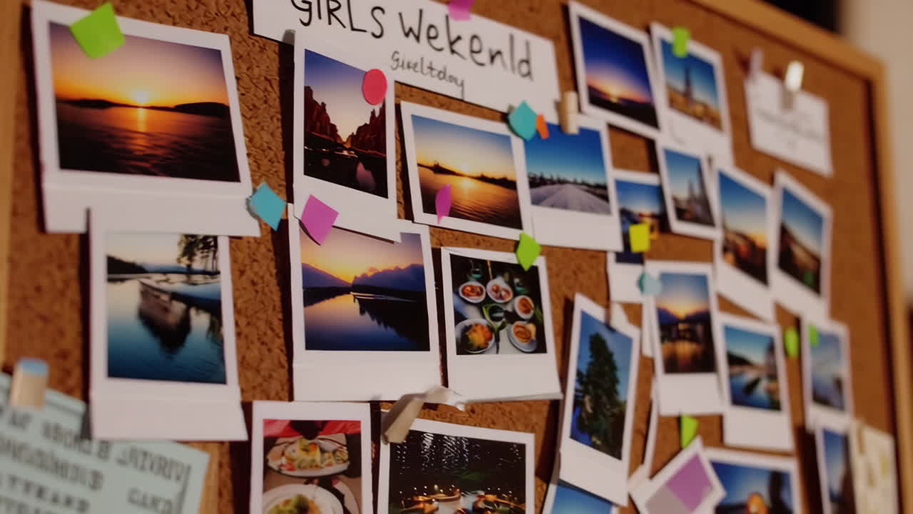 Collection of Travel and Lifestyle Photos on Cork Board