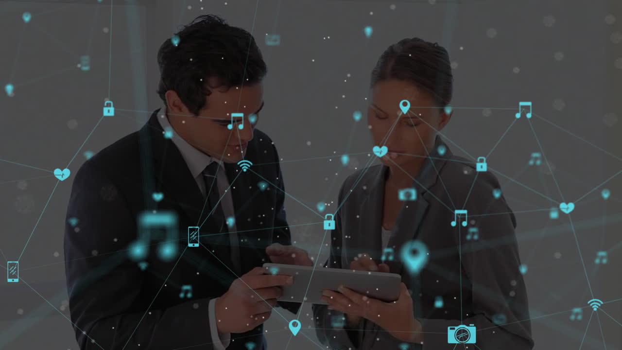 Animation of network of connections with icons over diverse business people in office