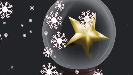 Animation-Von-Weißen-Weihnachtsschneeflocken-Und-3D-Goldstern-Auf-Schwarzem-Hintergrund,-Dann-In-Einer-Schneekugel