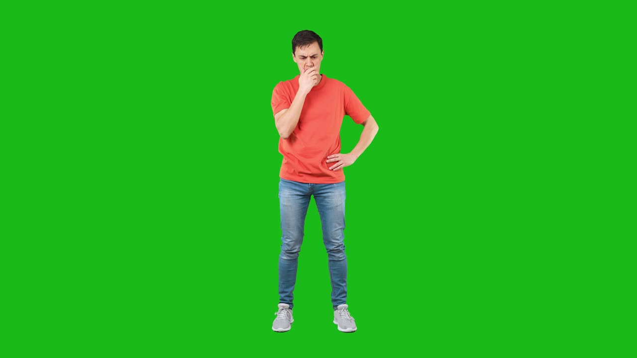 Young Man Expressing Different Emotions and Thoughts on Green Screen