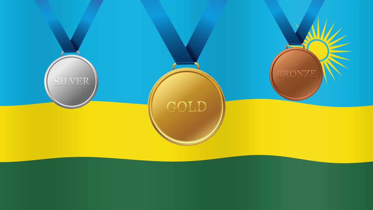 Fondo animado de la bandera de Ruanda con medallas deportivas de oro, plata y bronce colgando de cintas azules