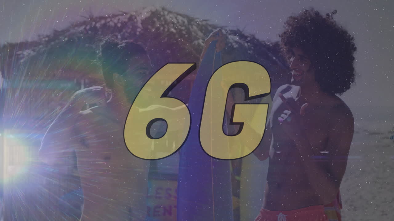 Surfers with surfboards on sunny beach with 6G animation in school project