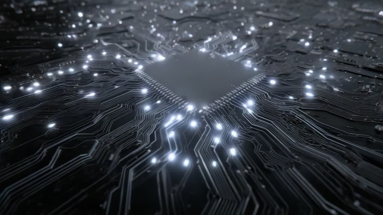 Belyst printplade nærbillede: En fantastisk udforskning af mikrochipteknologi og den moderne elektroniks kompleksitet, når lys passerer gennem forbindelserne.