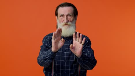 confused senior old bearded man pointing fingers himself ask say who me no thanks i do not need it