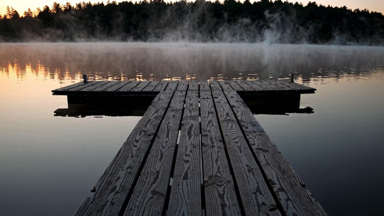 Una scena video serena di un molo di legno all'alba, ripresa da una bassa angolazione, con la nebbia che si alza