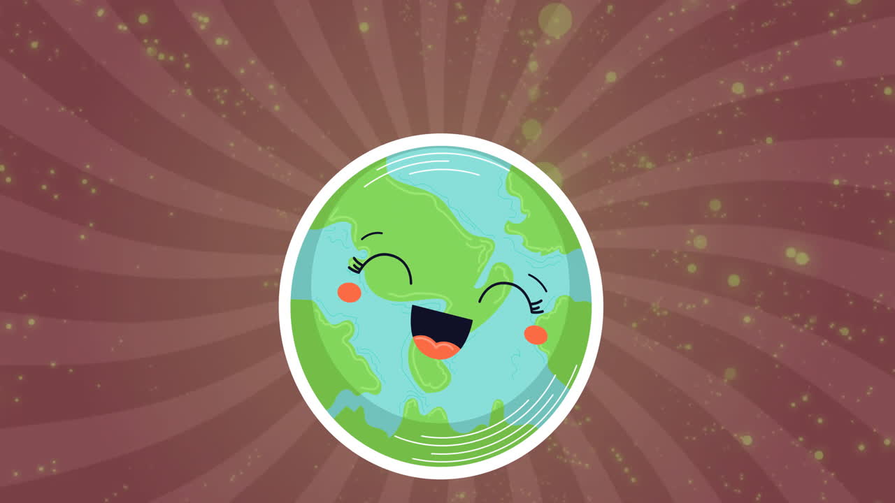 анимация смеющейся планеты земля и зеленых световых пятен над радиальными коричневыми полосами