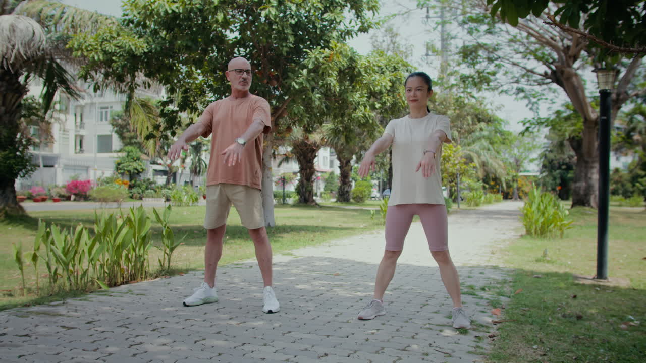 Mature Diverse Couple Practicing Tai Chi at Local Park