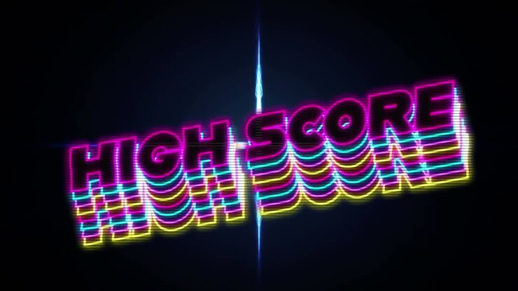 Animation of colorful high score text over colorful lights