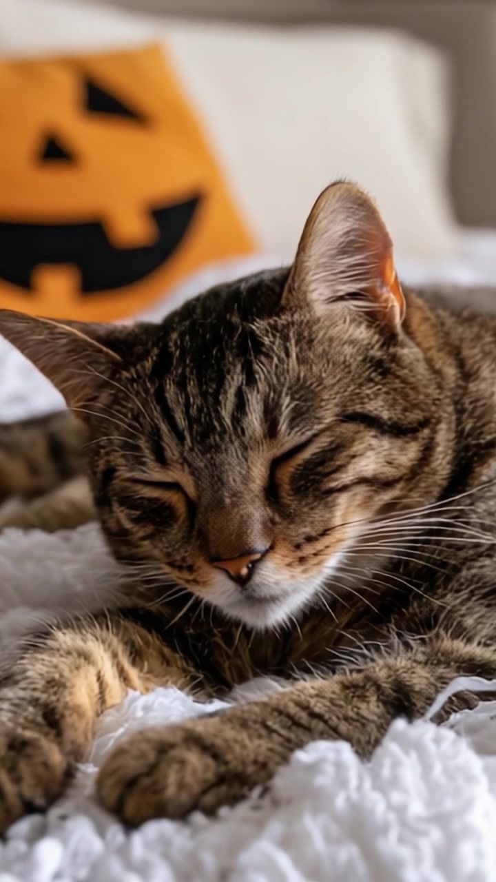 En mysig randig katt som sover fridfullt på en mjuk filt med en lekfull Halloweenpumpa i bakgrunden