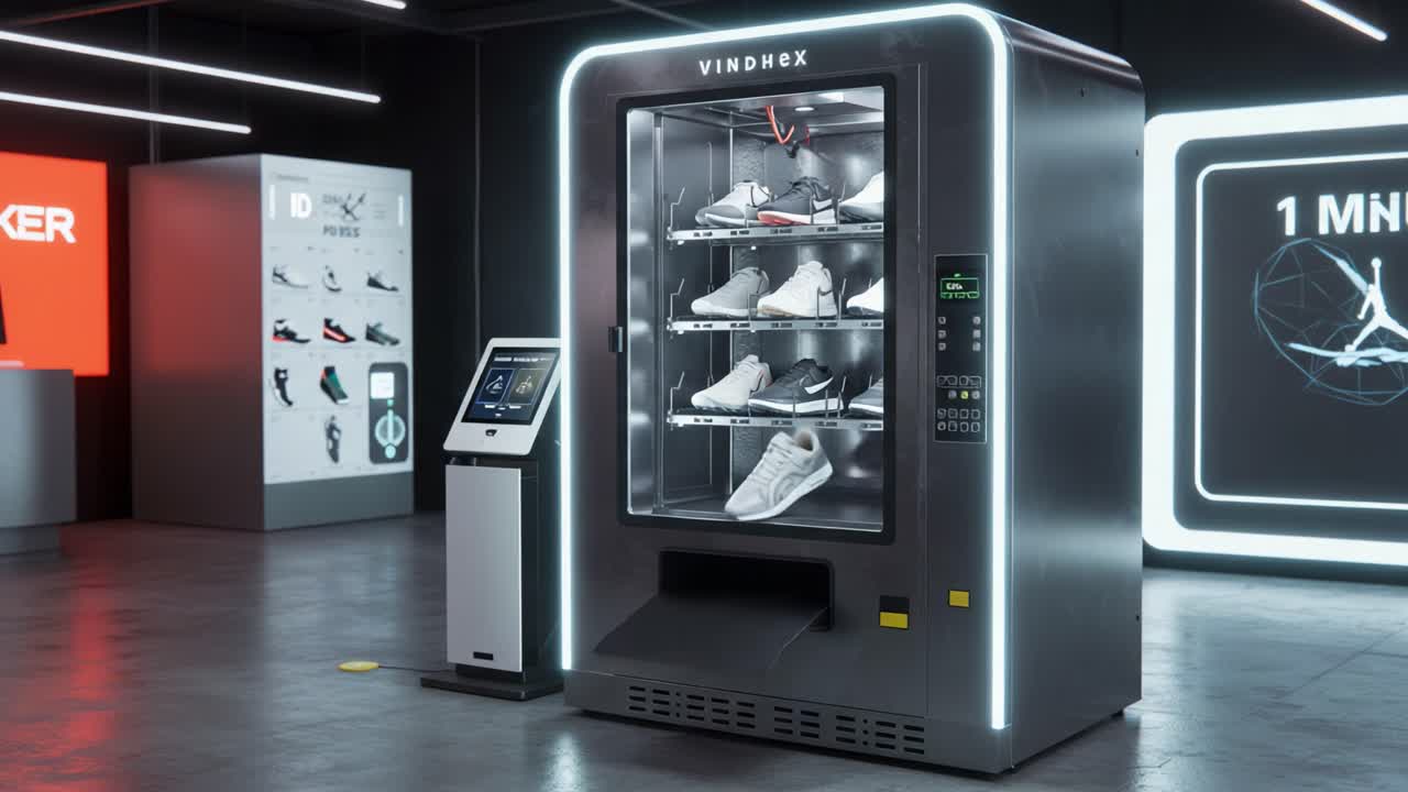 Innovative Smart Vending Machine Showcasing Stylish Athletic Footwear in a Modern Retail Environment with Advanced Technology and Interactive Features